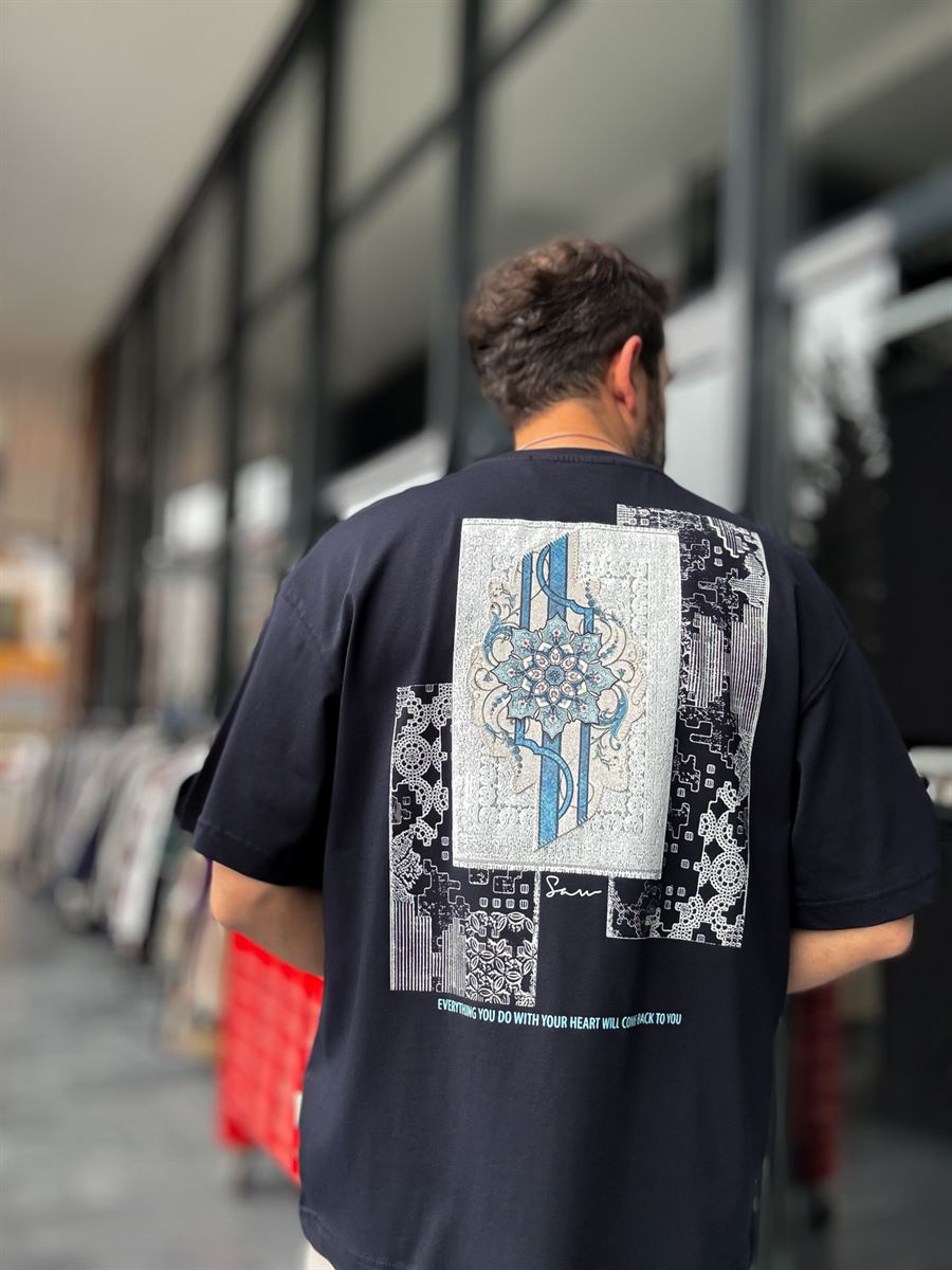 Navy Blue Oversize T-Shirt with Back Patchwork Pattern SW-5075