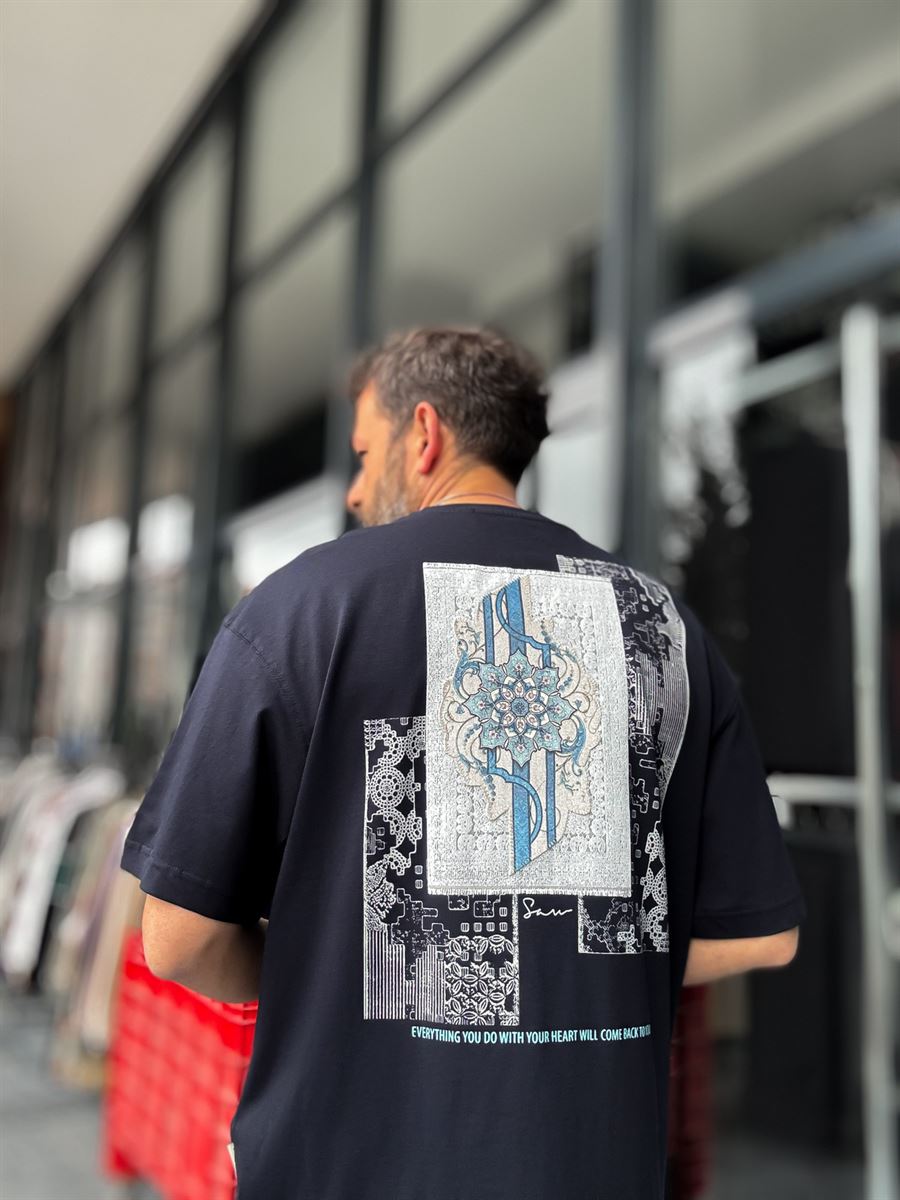 Navy Blue Oversize T-Shirt with Back Patchwork Pattern SW-5075