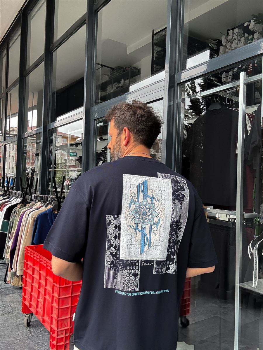 Navy Blue Oversize T-Shirt with Back Patchwork Pattern SW-5075