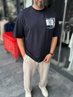 Navy Blue Oversize T-Shirt with Back Patchwork Pattern SW-5075