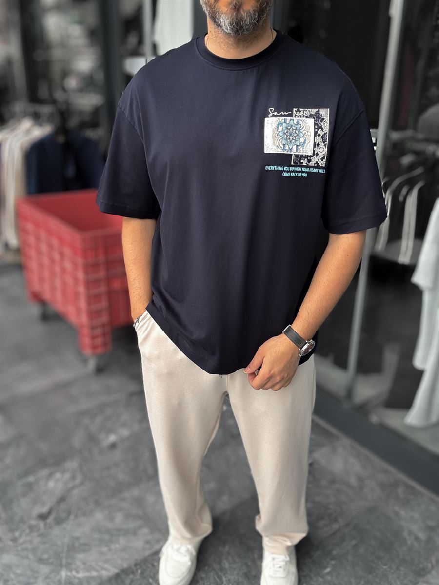 Navy Blue Oversize T-Shirt with Back Patchwork Pattern SW-5075