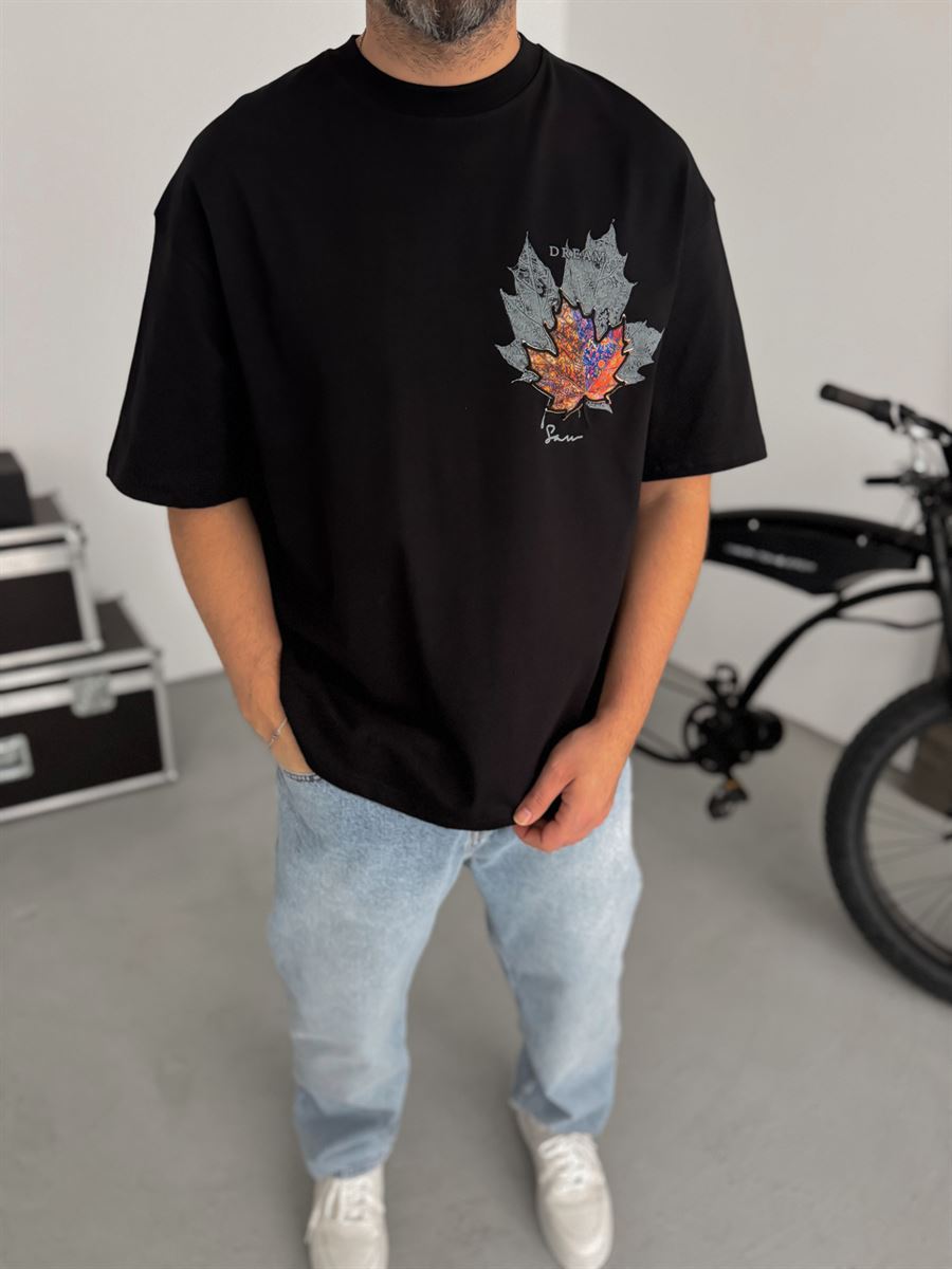 Black Leaf Patch Oversize T-Shirt SW-5118