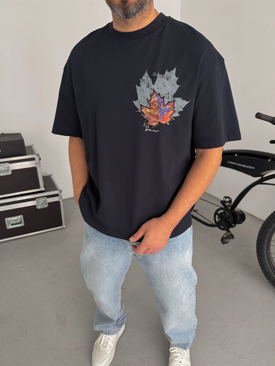 Navy Blue Leaf Patch Oversize T-Shirt SW-5118
