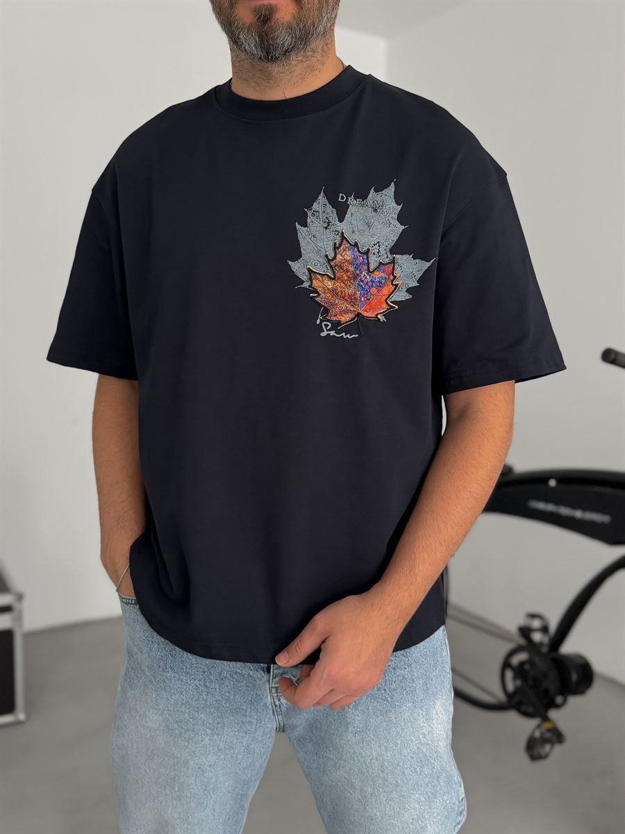 Navy Blue Leaf Patch Oversize T-Shirt SW-5118
