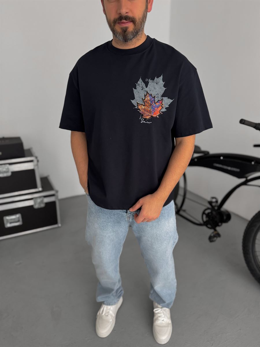 Navy Blue Leaf Patch Oversize T-Shirt SW-5118