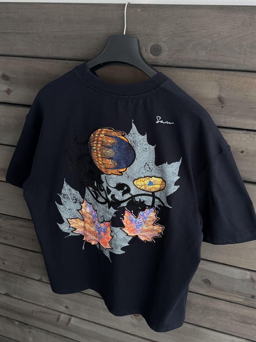 Navy Blue Leaf Patch Oversize T-Shirt SW-5118