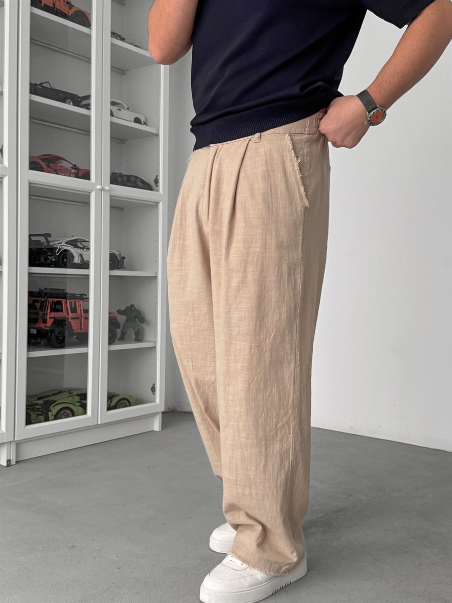 Beige Cropped Hem Linen Textured Baggy Trousers SW-1566