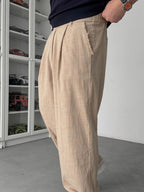 Beige Cropped Hem Linen Textured Baggy Trousers SW-1566