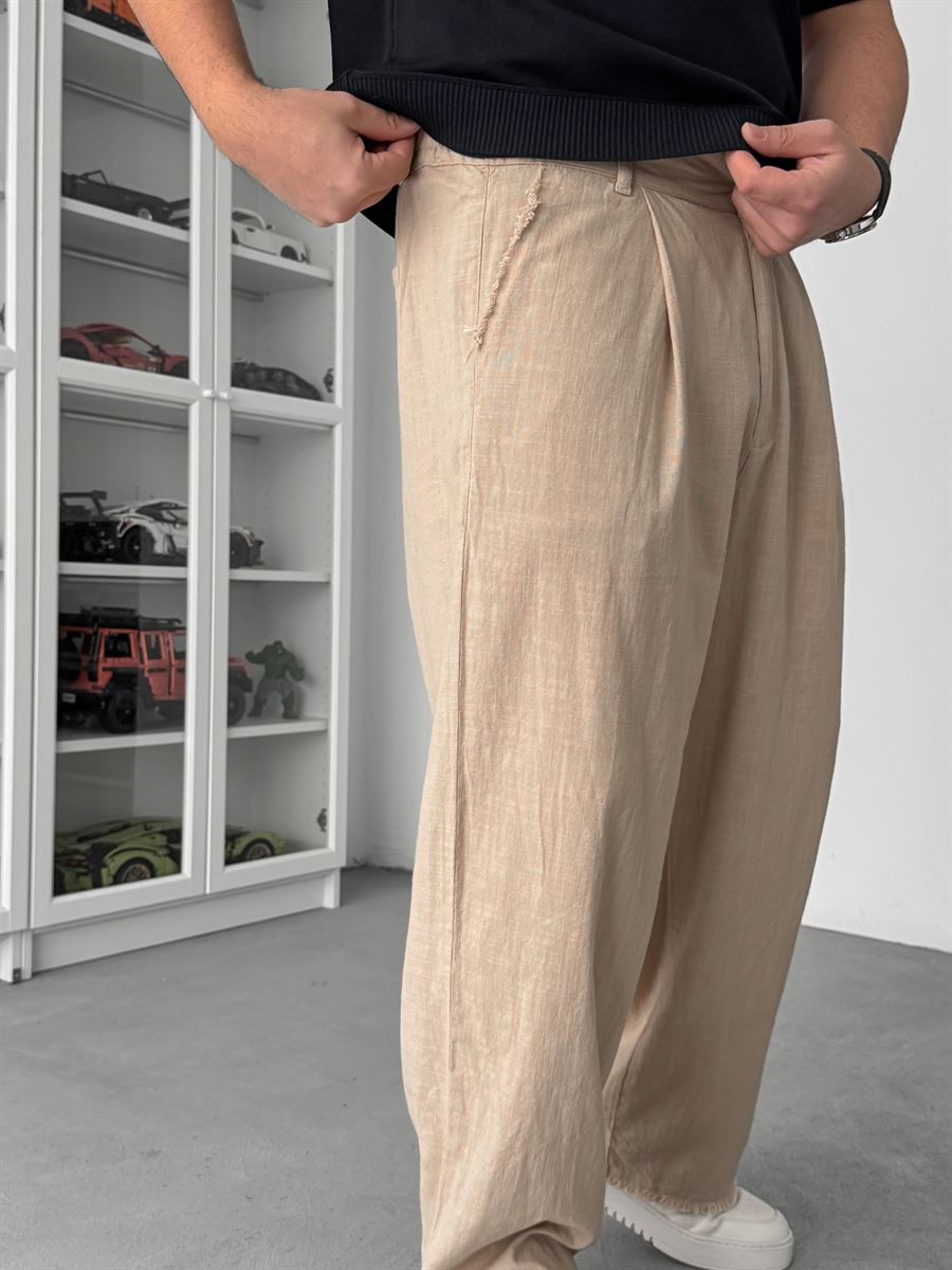 Beige Cropped Hem Linen Textured Baggy Trousers SW-1566