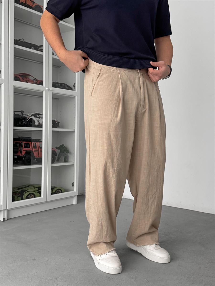 Beige Cropped Hem Linen Textured Baggy Trousers SW-1566