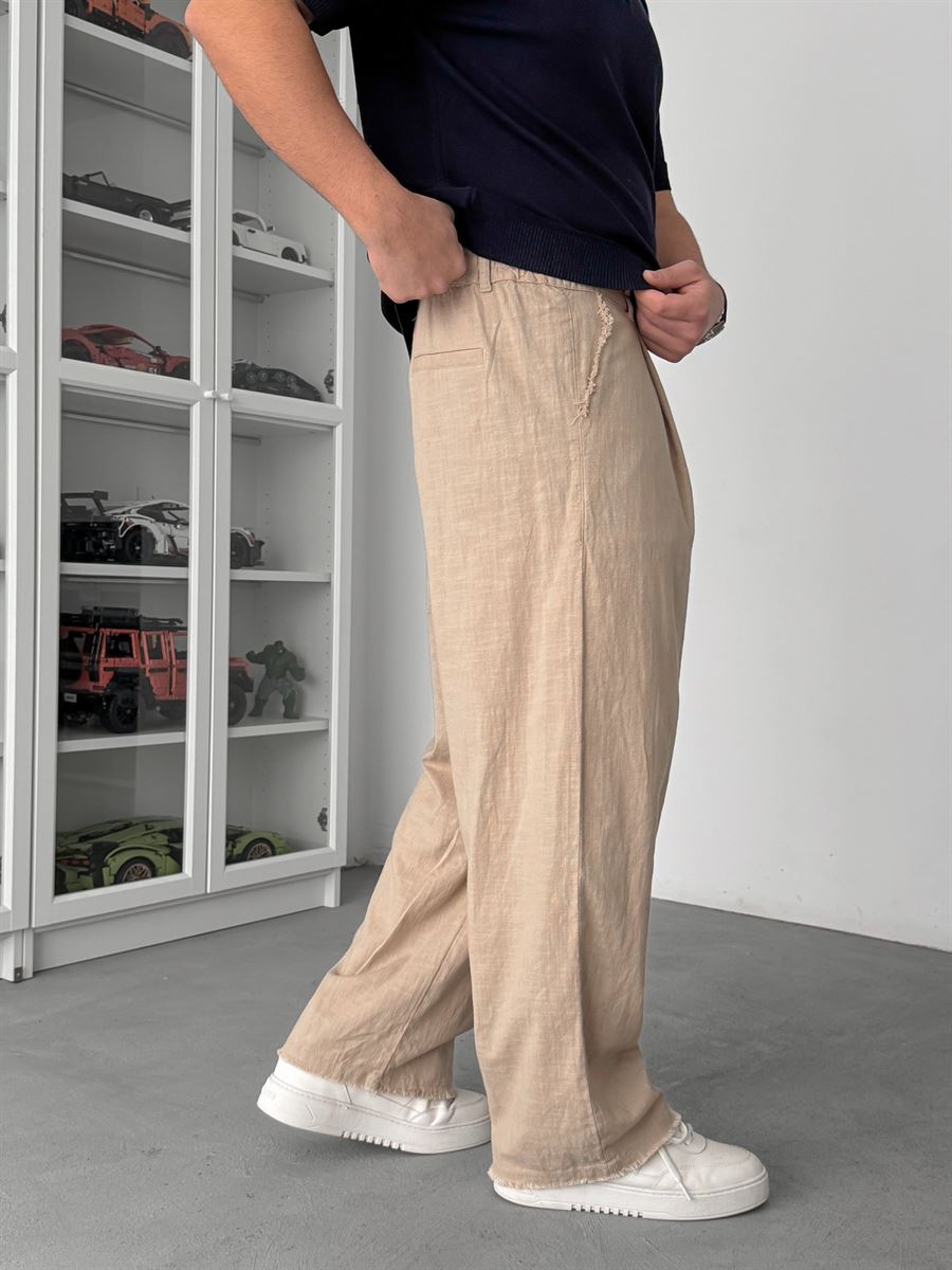 Beige Cropped Hem Linen Textured Baggy Trousers SW-1566