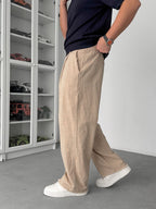 Beige Cropped Hem Linen Textured Baggy Trousers SW-1566
