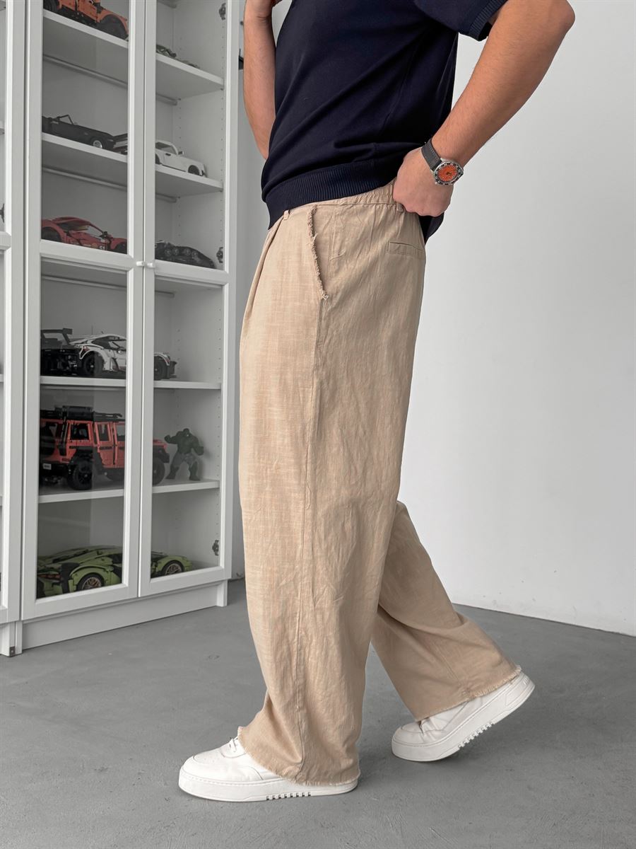 Beige Cropped Hem Linen Textured Baggy Trousers SW-1566