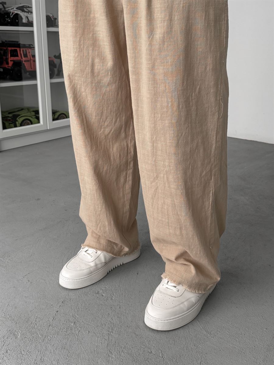 Beige Cropped Hem Linen Textured Baggy Trousers SW-1566