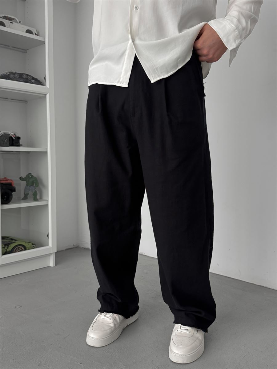 Black Cropped Hem Linen Textured Baggy Pants SW-1566