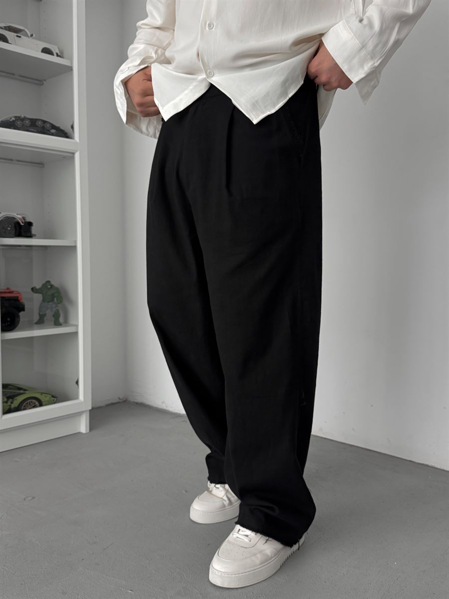 Black Cropped Hem Linen Textured Baggy Pants SW-1566