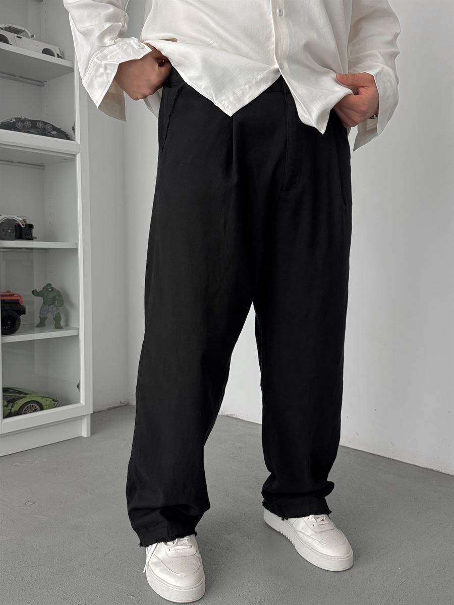 Black Cropped Hem Linen Textured Baggy Pants SW-1566
