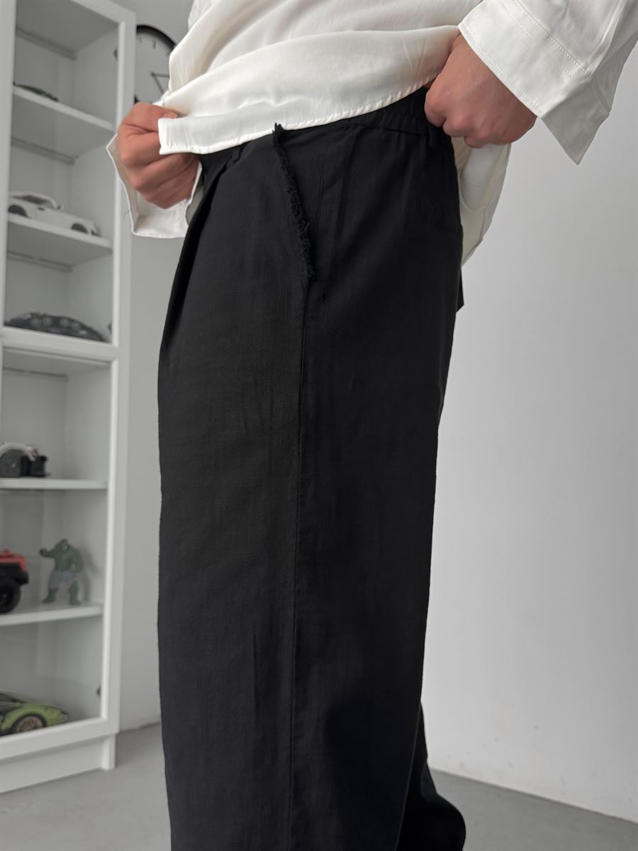 Black Cropped Hem Linen Textured Baggy Pants SW-1566
