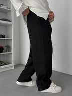 Black Cropped Hem Linen Textured Baggy Pants SW-1566