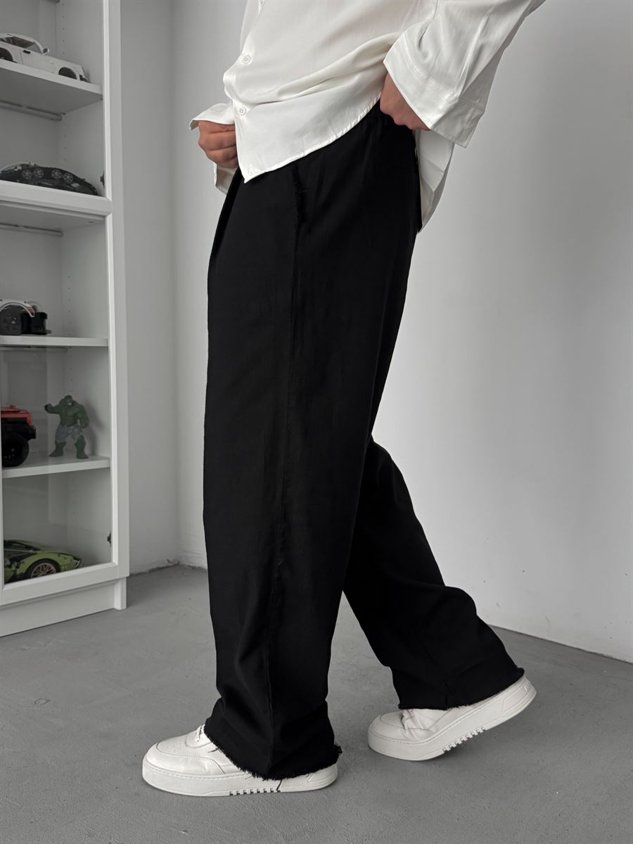 Black Cropped Hem Linen Textured Baggy Pants SW-1566