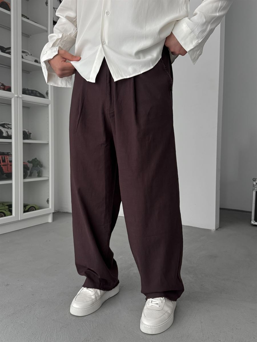 Coffee Cut-Leg Linen Textured Baggy Pants SW-1566