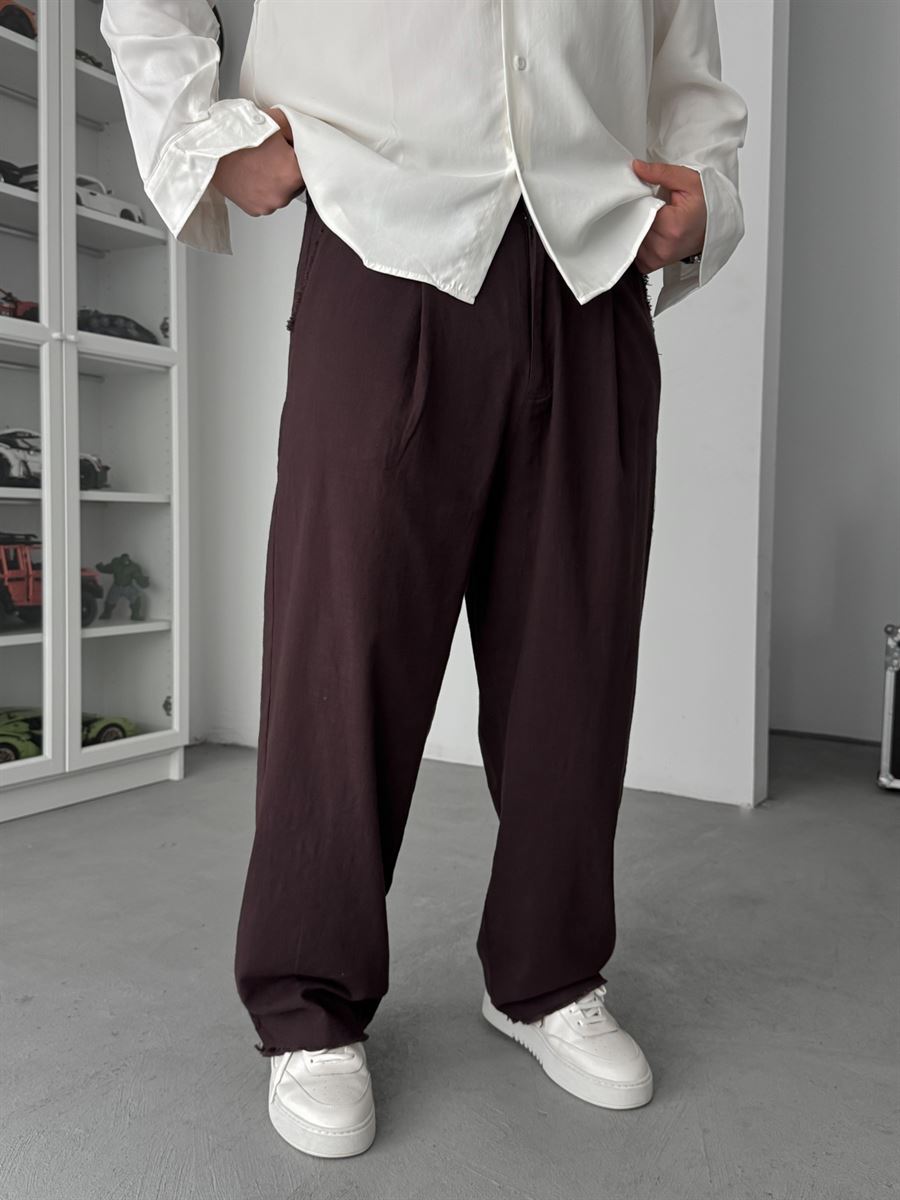 Coffee Cut-Leg Linen Textured Baggy Pants SW-1566