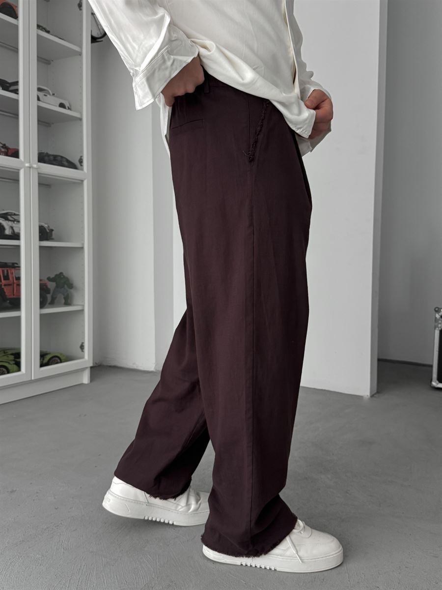 Coffee Cut-Leg Linen Textured Baggy Pants SW-1566