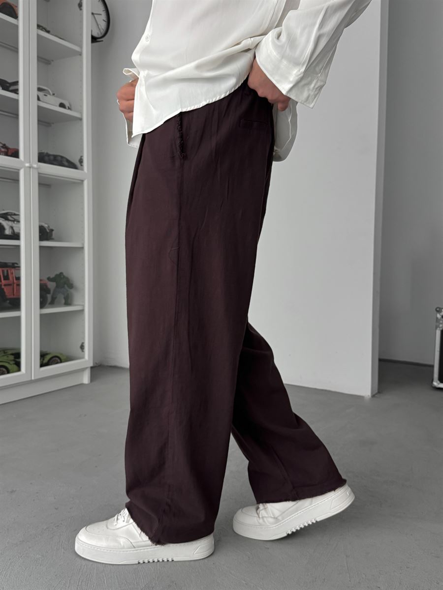Coffee Cut-Leg Linen Textured Baggy Pants SW-1566