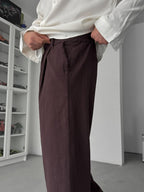 Coffee Cut-Leg Linen Textured Baggy Pants SW-1566