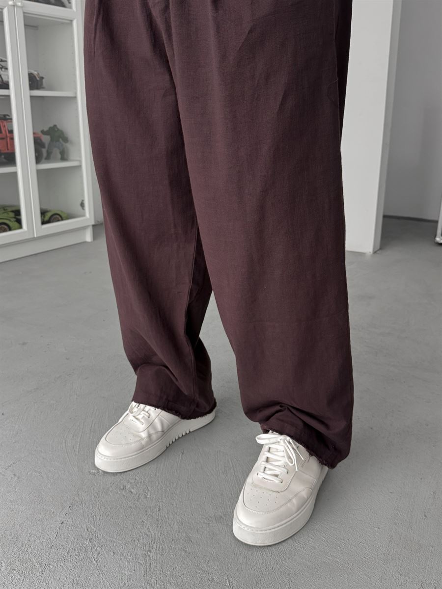 Coffee Cut-Leg Linen Textured Baggy Pants SW-1566
