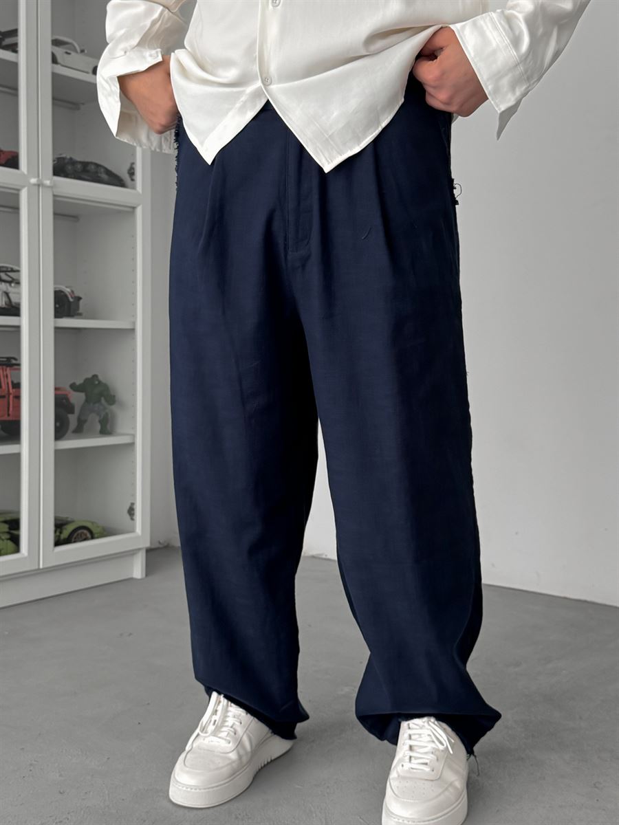 Navy Blue Cropped Hem Linen Textured Baggy Pants SW-1566