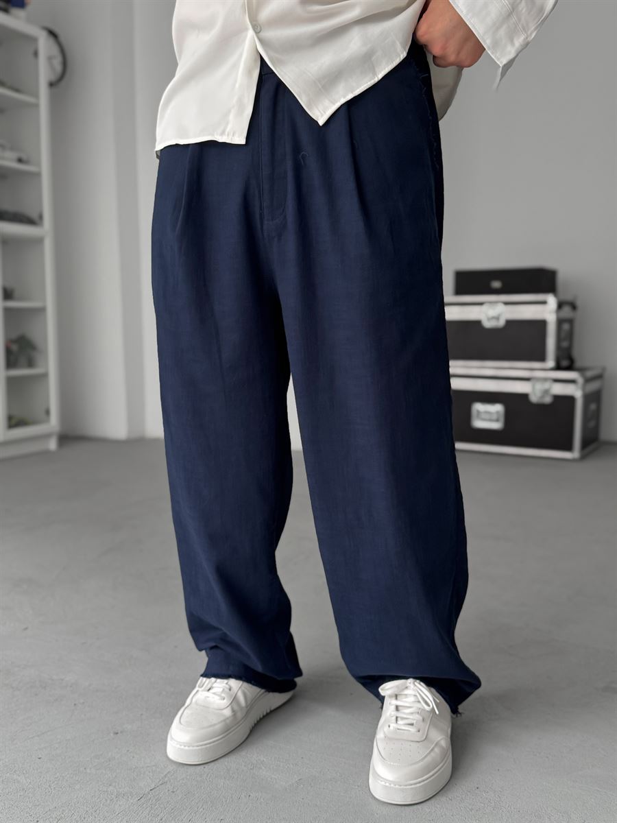 Navy Blue Cropped Hem Linen Textured Baggy Pants SW-1566