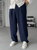 Navy Blue Cropped Hem Linen Textured Baggy Pants SW-1566