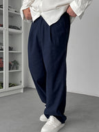 Navy Blue Cropped Hem Linen Textured Baggy Pants SW-1566