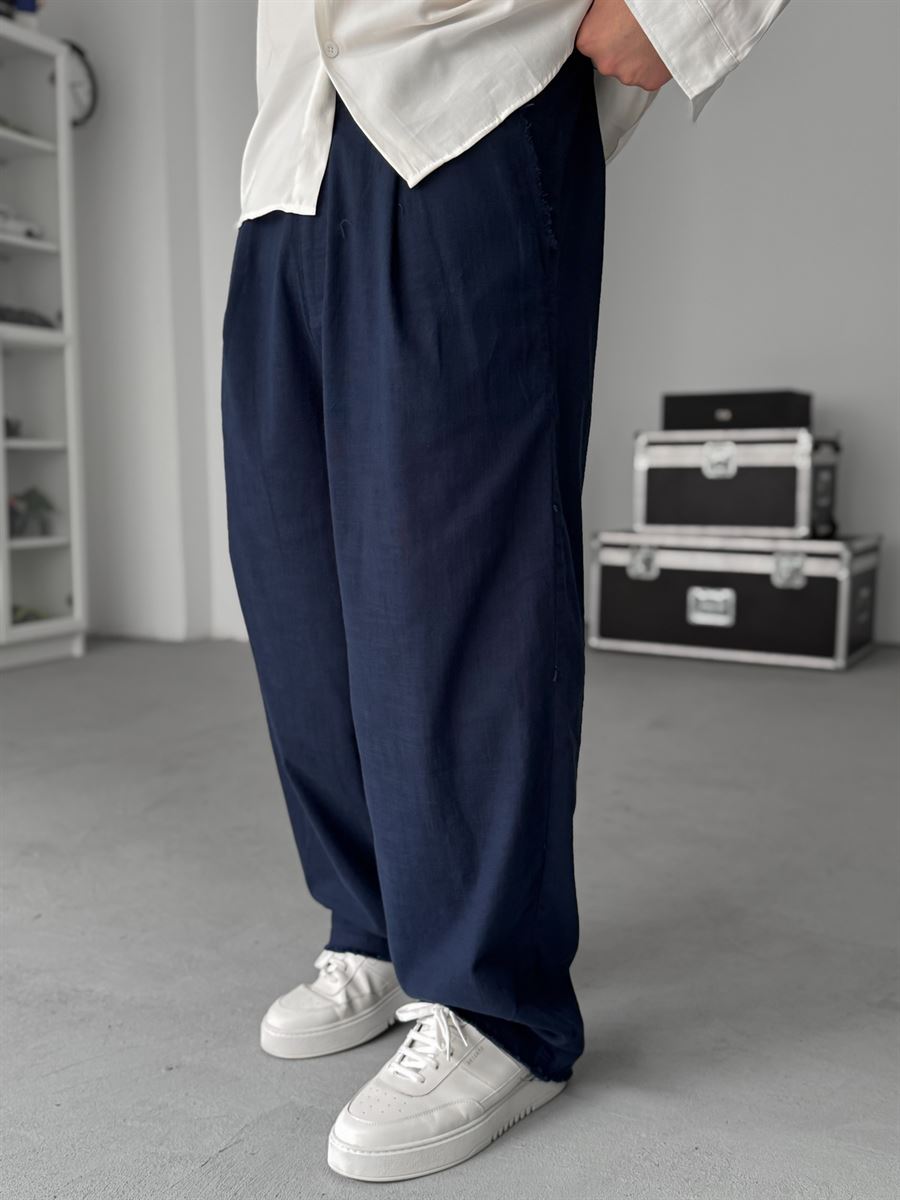 Navy Blue Cropped Hem Linen Textured Baggy Pants SW-1566