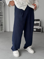 Navy Blue Cropped Hem Linen Textured Baggy Pants SW-1566