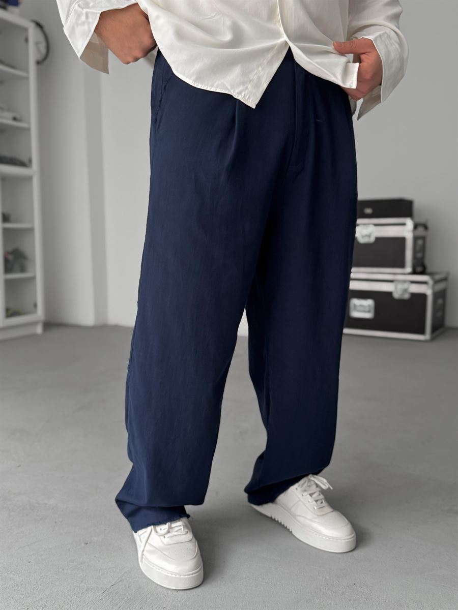 Navy Blue Cropped Hem Linen Textured Baggy Pants SW-1566