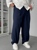 Navy Blue Cropped Hem Linen Textured Baggy Pants SW-1566