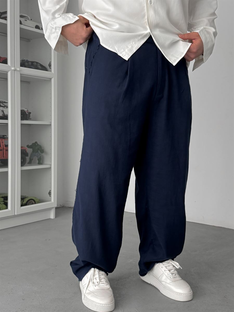 Navy Blue Cropped Hem Linen Textured Baggy Pants SW-1566