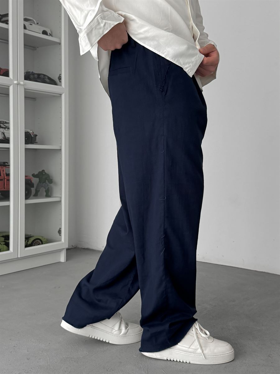 Navy Blue Cropped Hem Linen Textured Baggy Pants SW-1566
