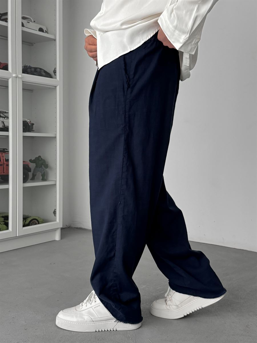 Navy Blue Cropped Hem Linen Textured Baggy Pants SW-1566