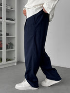 Navy Blue Cropped Hem Linen Textured Baggy Pants SW-1566