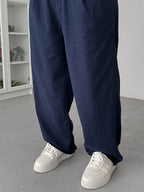 Navy Blue Cropped Hem Linen Textured Baggy Pants SW-1566