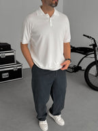 White Buttoned Knit Polo Collar T-Shirt TW-3349
