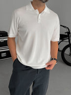 White Buttoned Knit Polo Collar T-Shirt TW-3349