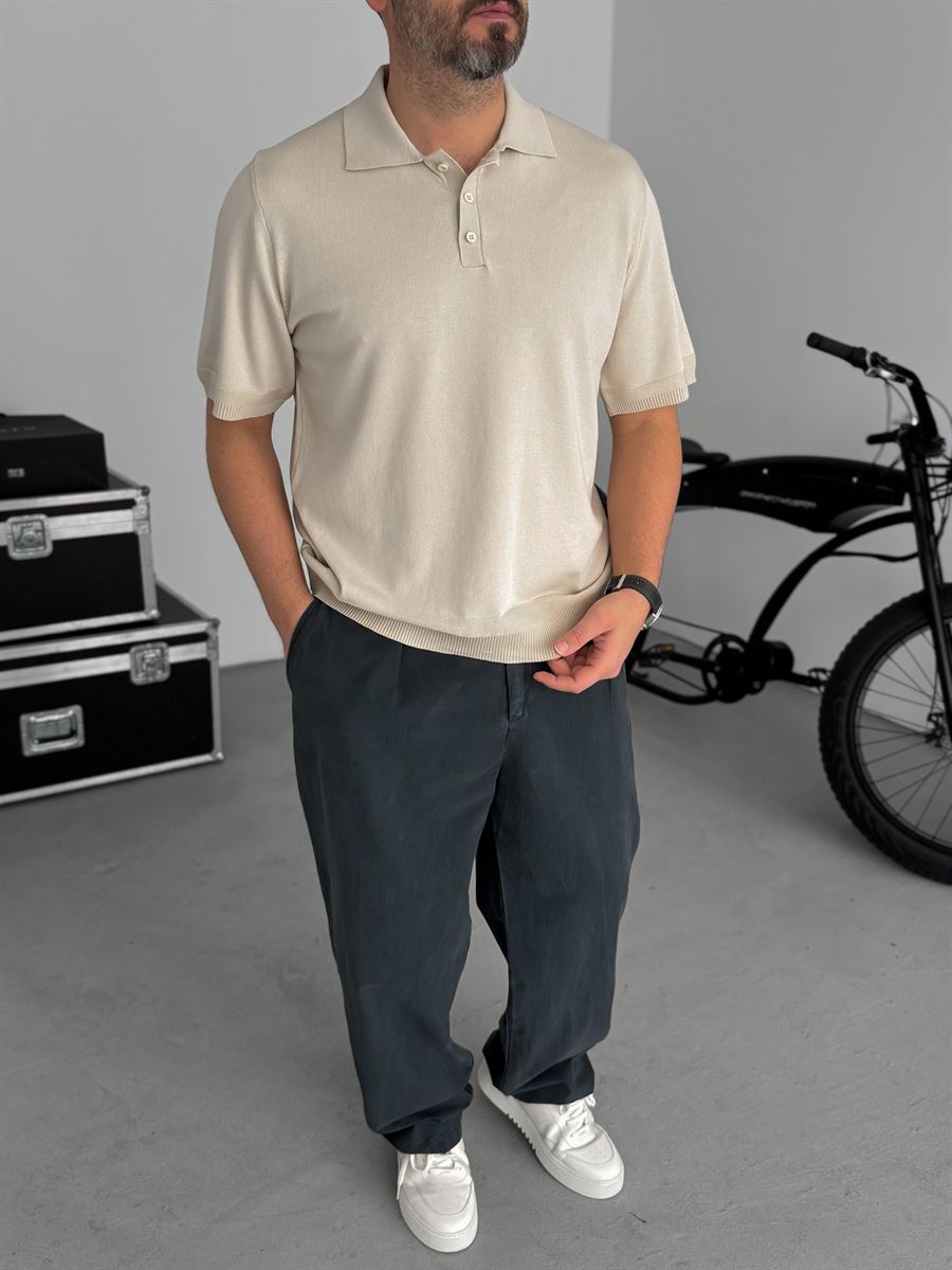Beige Buttoned Knitwear Polo Neck T-Shirt TW-3349