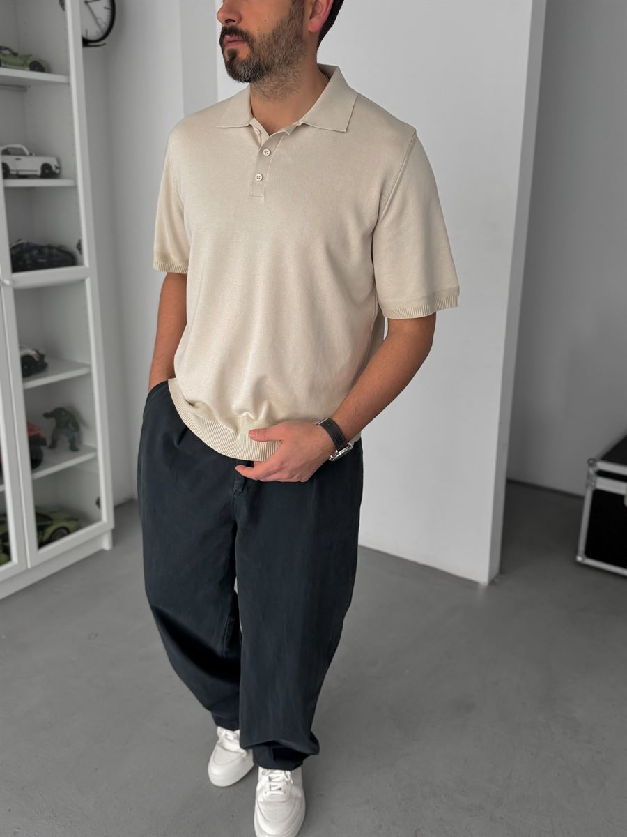 Beige Buttoned Knitwear Polo Neck T-Shirt TW-3349