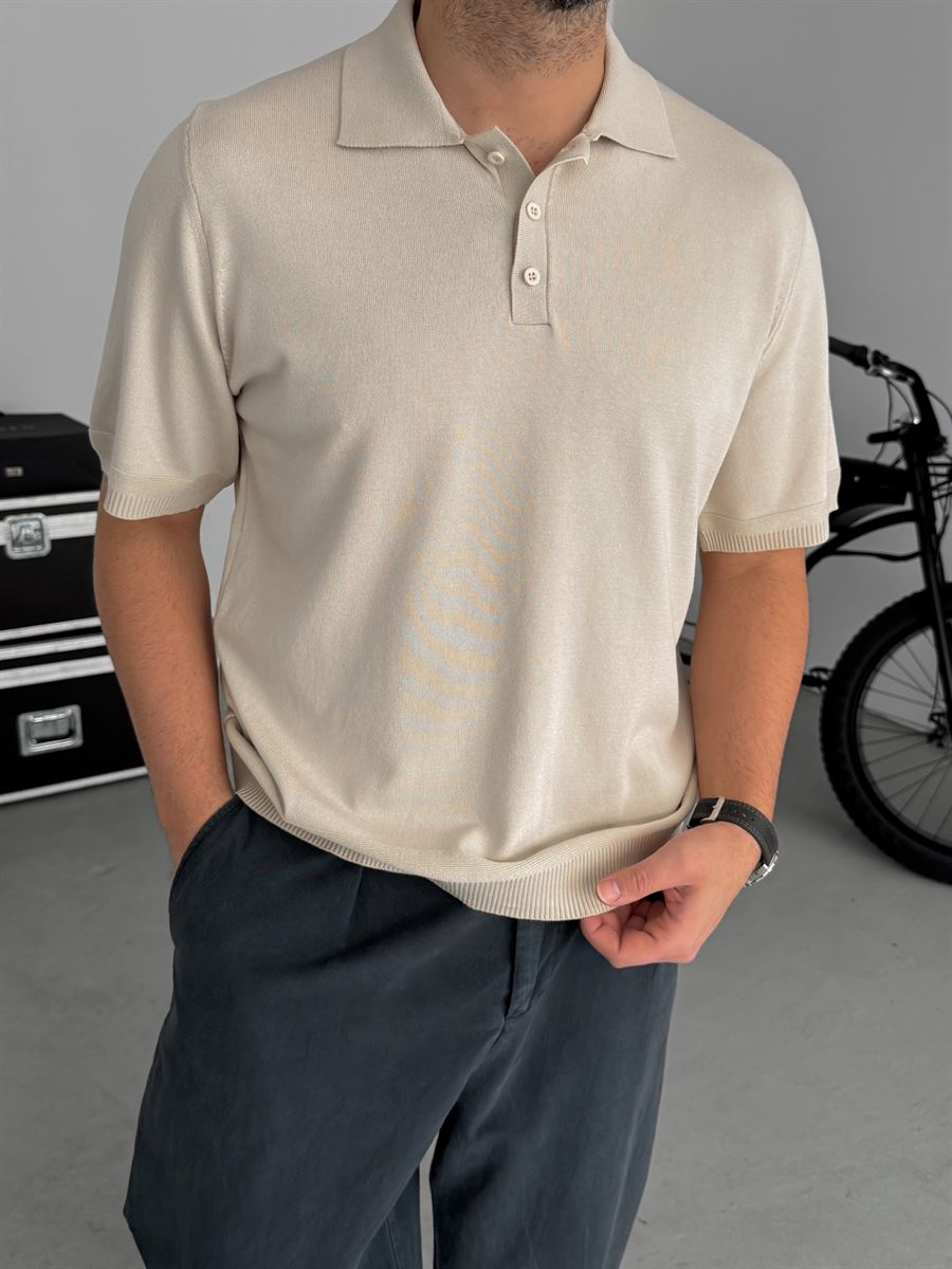 Beige Buttoned Knitwear Polo Neck T-Shirt TW-3349