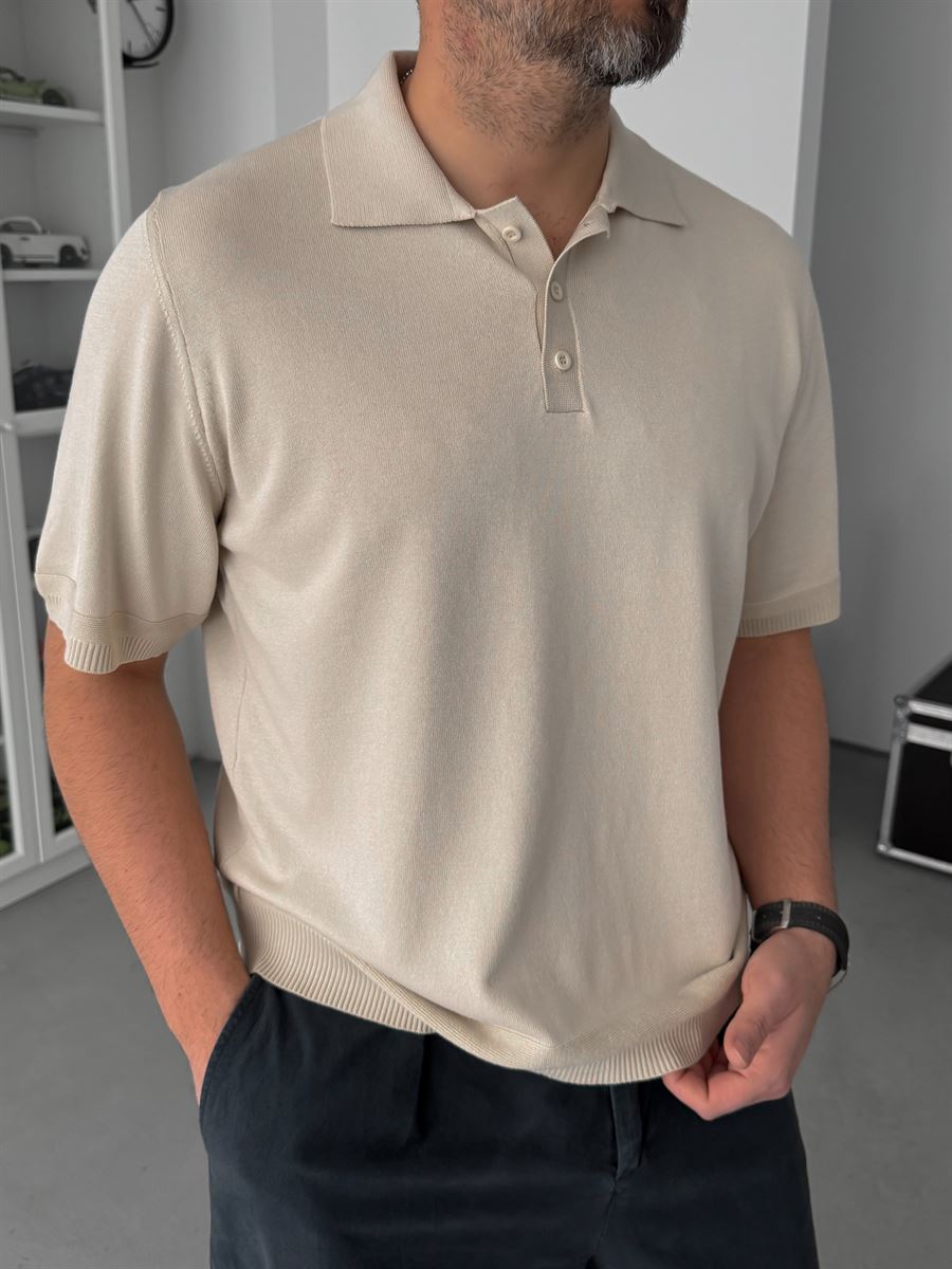 Beige Buttoned Knitwear Polo Neck T-Shirt TW-3349