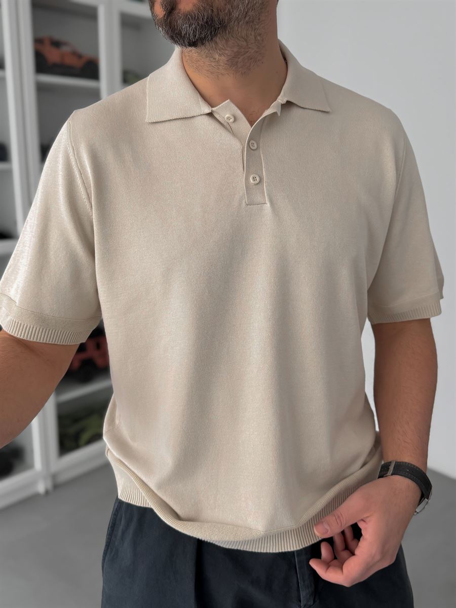Beige Buttoned Knitwear Polo Neck T-Shirt TW-3349